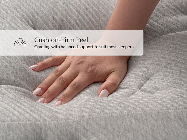 Hand pressing into quilted Leesa Oasis Chill mattress cover, showing cushion-firm cradling support. for The Mattress Shop, showcasing product thumbnail image for Leesa Oasis Chill Hybrid Mattress on the product page.