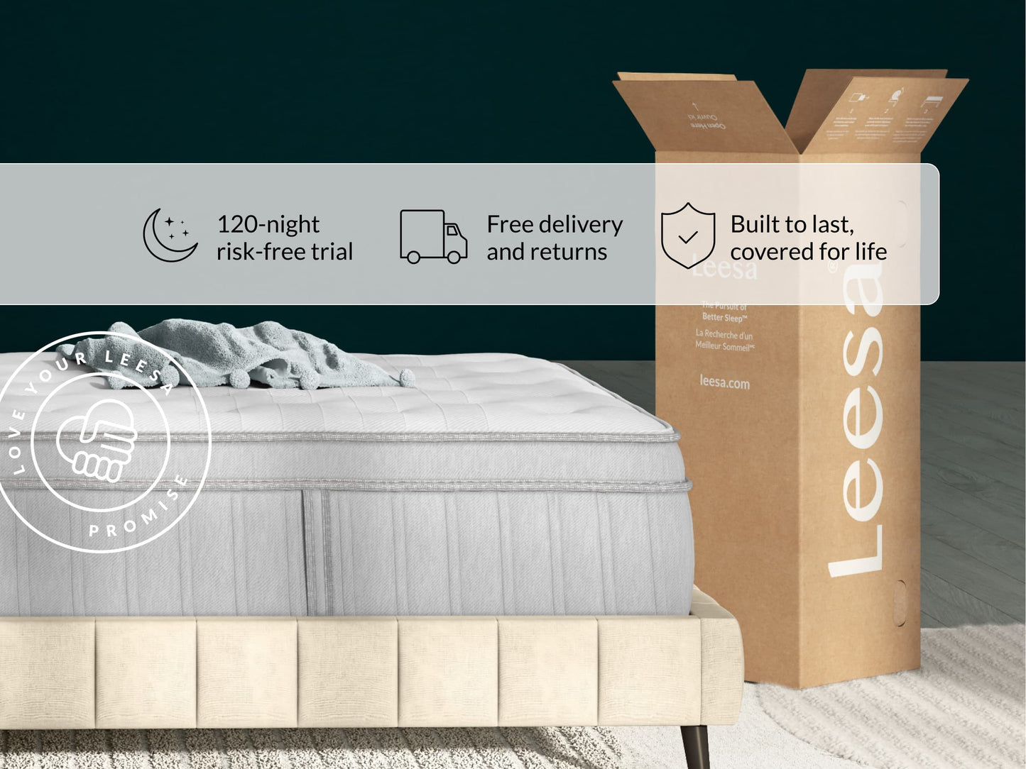 Leesa Oasis Chill mattress on cream bed frame with throw blanket, shipping box shows Love Your Leesa Promise. for The Mattress Shop, showcasing product image for Leesa Oasis Chill Hybrid Mattress on the product page.
