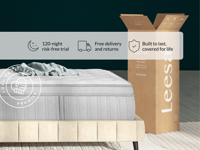 Leesa Oasis Chill mattress on cream bed frame with throw blanket, shipping box shows Love Your Leesa Promise. for The Mattress Shop, showcasing product thumbnail image for Leesa Oasis Chill Hybrid Mattress on the product page.
