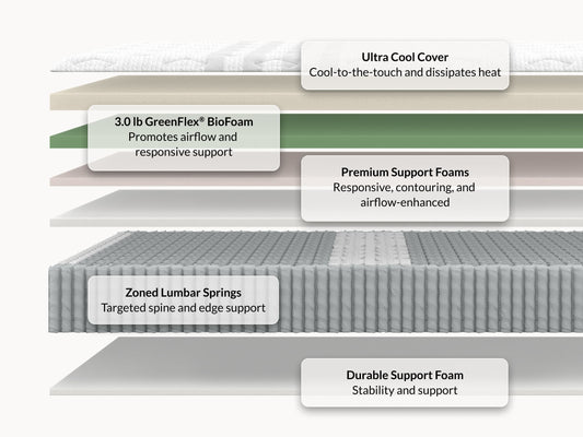 Leesa Sapira Chill mattress cross-section showing Ultra Cool Cover, GreenFlex BioFoam, and zoned lumbar support springs. for The Mattress Shop, showcasing product image for Leesa Sapira Chill Hybrid Mattress on the collection page.