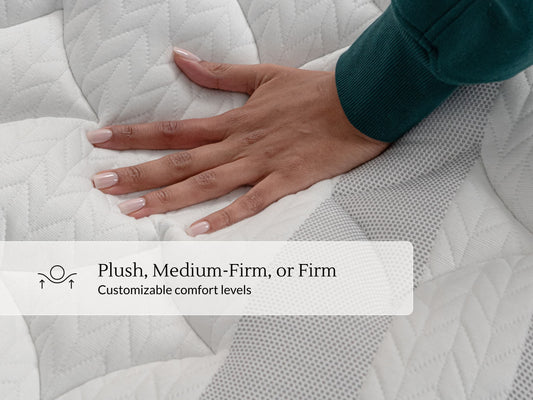 Hand pressing into quilted Leesa mattress top, showing plush, medium-firm, or firm customizable comfort levels. for The Mattress Shop, showcasing product image for Leesa Sapira Chill Hybrid Mattress on the collection page.