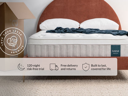 Leesa Sapira Chill mattress on bed with pillows and throw blanket, shipping box shows Love Your Leesa Promise.