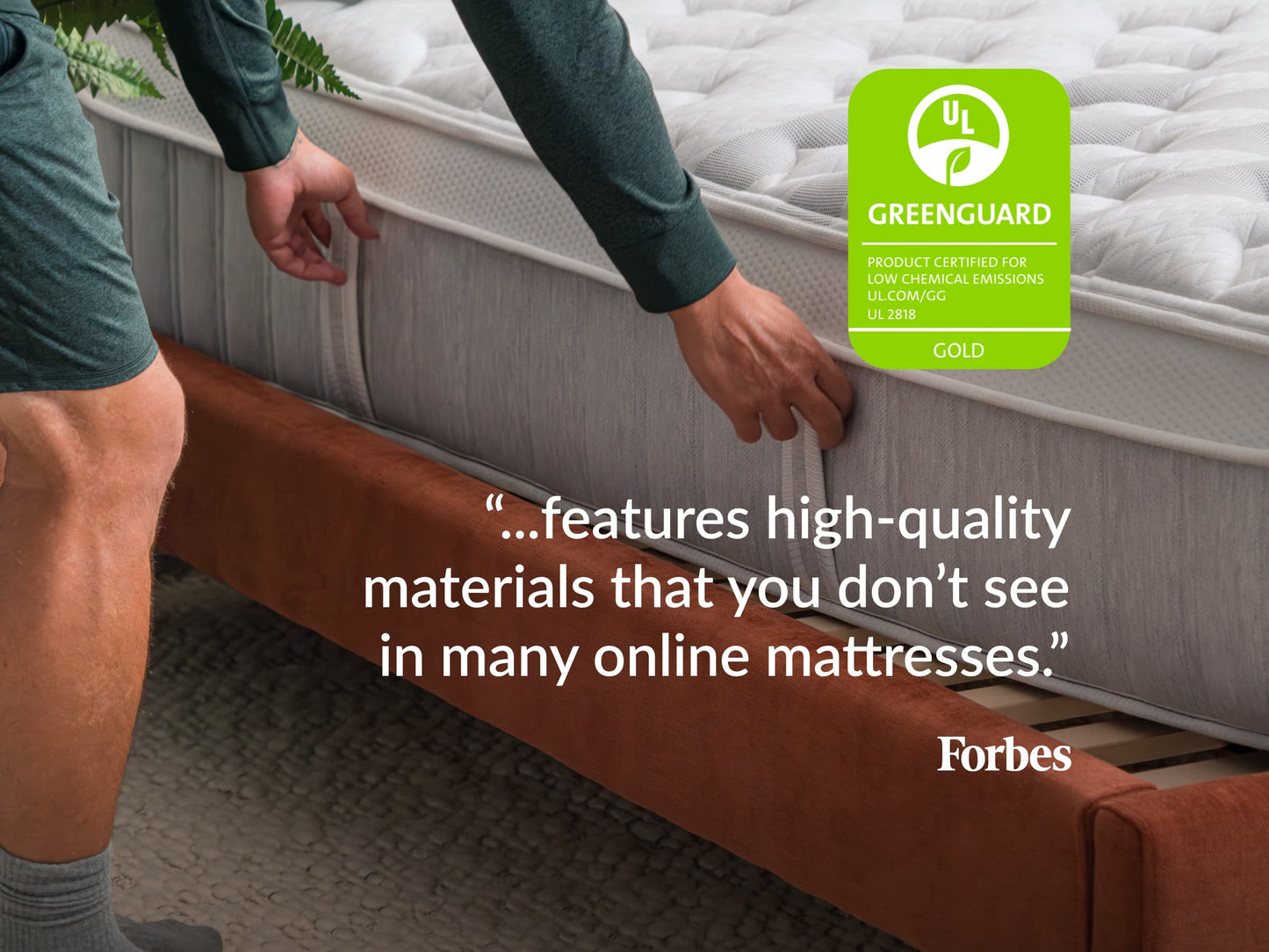 Hand lifting Leesa mattress handle, UL Greenguard Gold certified, with Forbes quote on premium material quality. for The Mattress Shop, showcasing product image for Leesa Sapira Chill Hybrid Mattress on the product page.