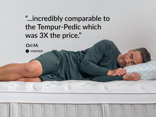 Man sleeping peacefully on Leesa mattress, with verified review comparing comfort favorably to pricier Tempur-Pedic. for The Mattress Shop, showcasing product thumbnail image for Leesa Sapira Chill Hybrid Mattress on the product page.