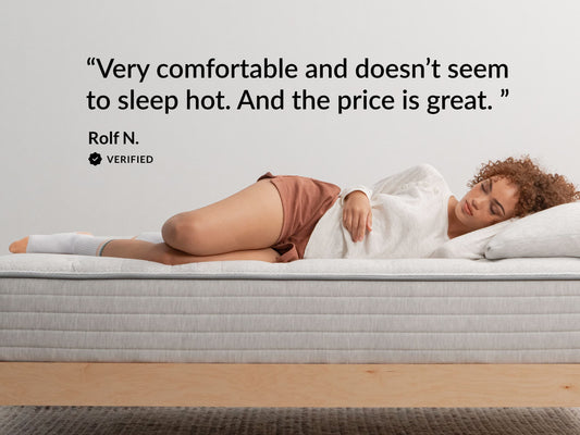 Woman sleeping on Leesa mattress, verified review describing it as a treat to sleep on, like a good hug. for The Mattress Shop, showcasing product image for Leesa Studio Chill Hybrid Mattress on the collection page.