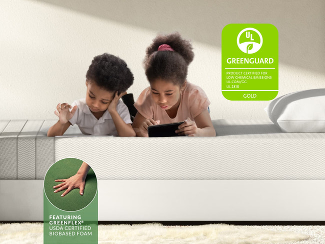 Two kids lying on Leesa Kids mattress with tablet, UL Greenguard Gold certified with biobased foam. for The Mattress Shop, showcasing product image Leesa Kids Mattress on the page: Best Mattresses for Kids page.