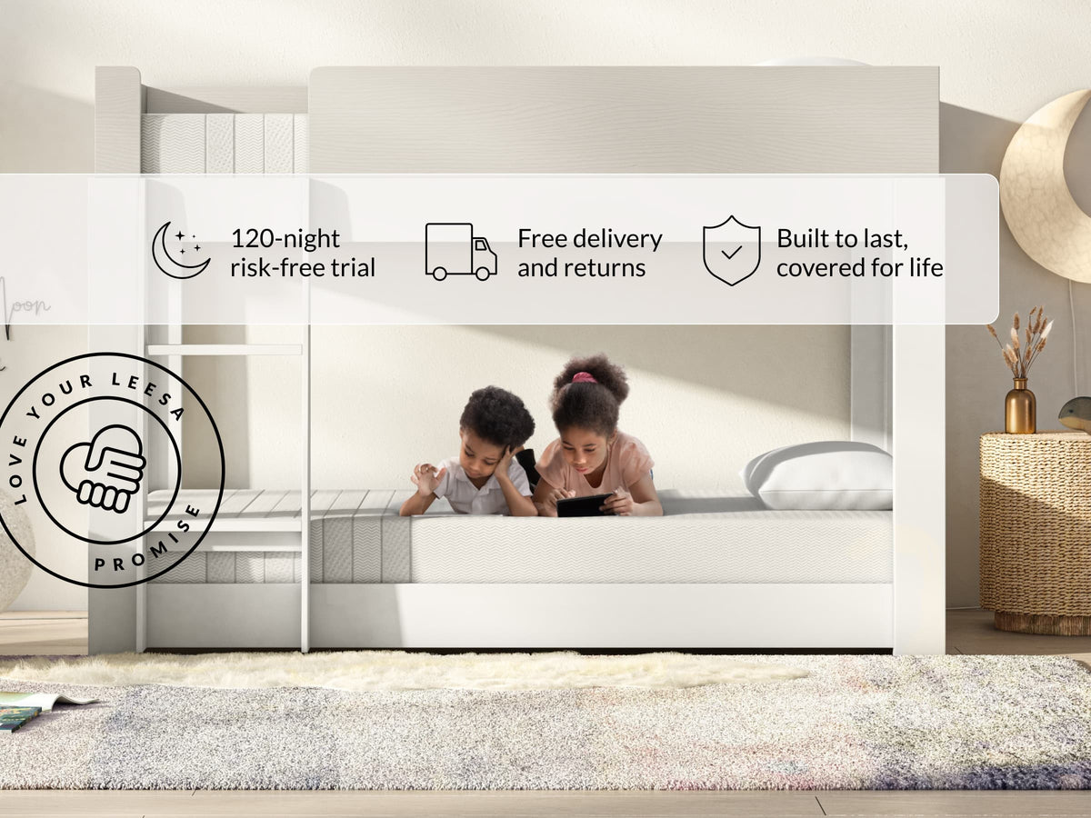 Two kids lying on Leesa Kids mattress in bunk bed, shipping details show Love Your Leesa Promise guarantee. for The Mattress Shop, showcasing product image for Leesa Kids Mattress on the product page.