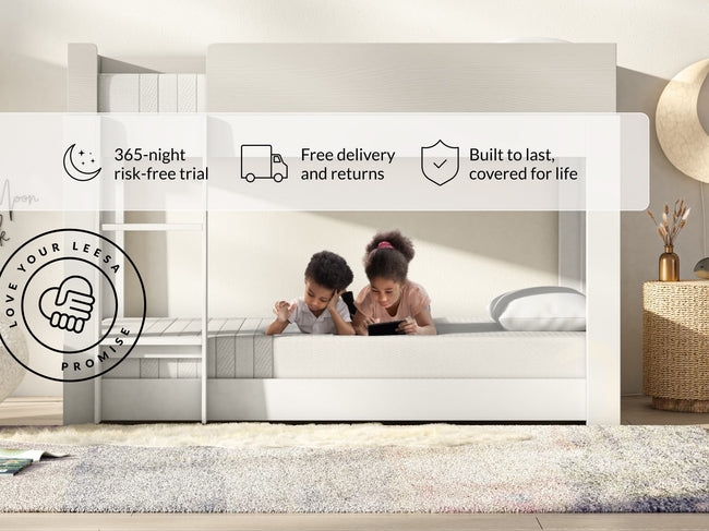 Two kids lying on Leesa Kids mattress in bunk bed, shipping details show Love Your Leesa Promise guarantee. for The Mattress Shop, showcasing product thumbnail image for Leesa Kids Mattress on the product page.