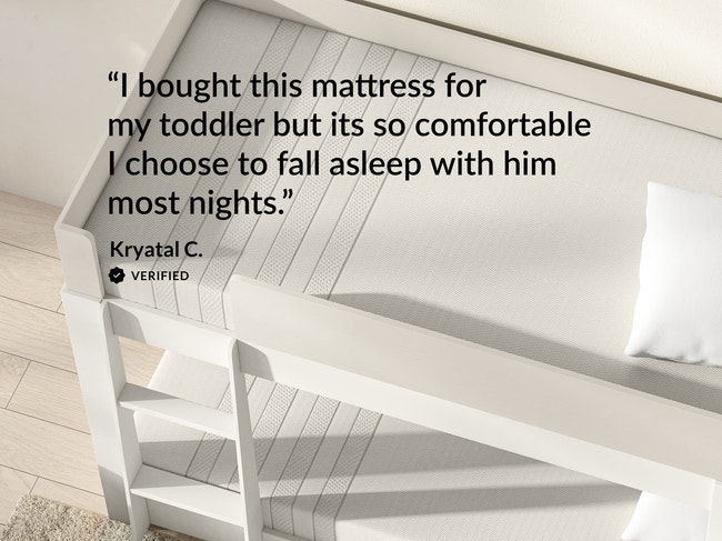 Leesa Kids mattress on bunk bed frame, verified review on toddler comfort from parent Kryatal C. for The Mattress Shop, showcasing product image Leesa Kids Mattress on the page: Best Mattresses for Kids page.