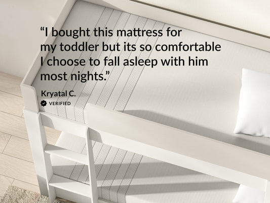 Leesa Kids mattress on bunk bed frame, verified review on toddler comfort from parent Kryatal C. for The Mattress Shop, showcasing product image for Leesa Kids Mattress on the collection page.