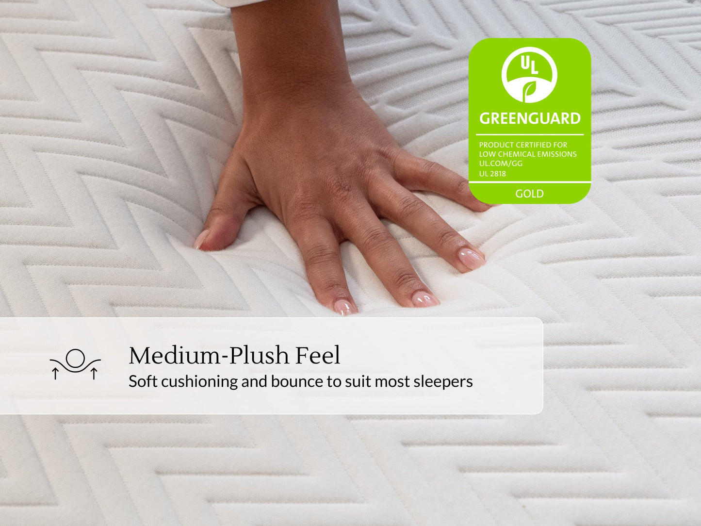 Hand pressing into quilted Leesa Legend Hybrid mattress cover, UL Greenguard Gold certified, medium-plush feel. for The Mattress Shop, showcasing product image for Leesa Legend Hybrid Mattress on the product page.