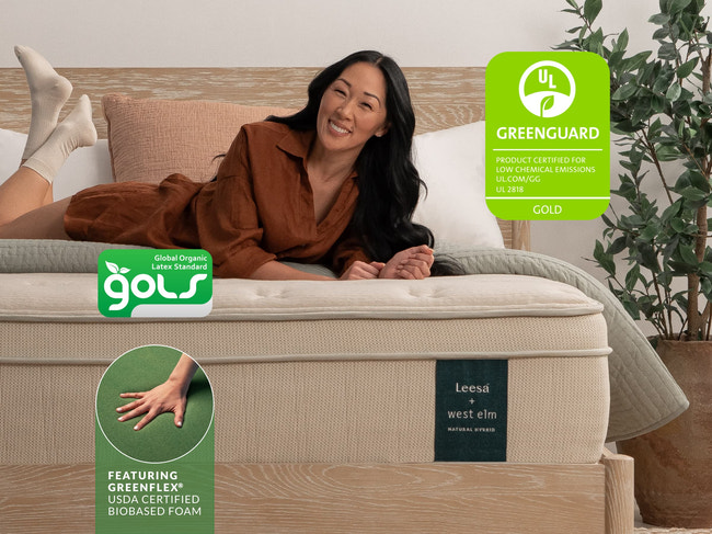 Woman relaxing on Leesa + West Elm Natural Hybrid mattress, GOLS organic latex and UL Greenguard Gold certified. for The Mattress Shop, showcasing product image Leesa Natural Hybrid Mattress on the page: Best Natural / Organic Mattresses page.