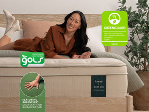 Woman relaxing on Leesa + West Elm Natural Hybrid mattress, GOLS organic latex and UL Greenguard Gold certified. for The Mattress Shop, showcasing product image Leesa Natural Hybrid Mattress on the page: Sale Landing page.