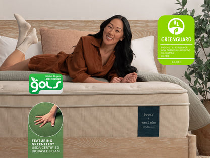 Woman relaxing on Leesa + West Elm Natural Luxe mattress, GOLS organic latex and UL Greenguard Gold certified.