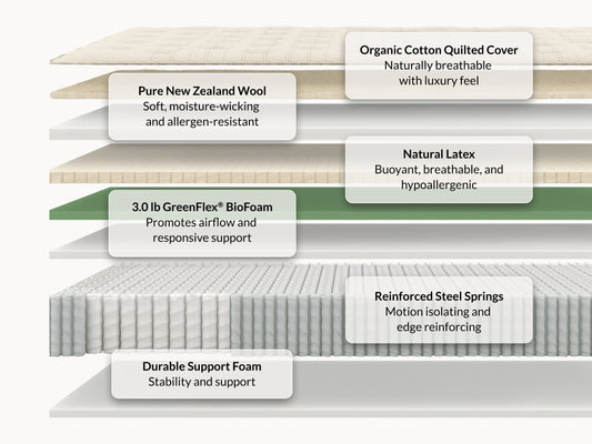 Leesa + West Elm Natural Hybrid mattress cross-section showing organic cotton, wool, latex, and steel springs. for The Mattress Shop, showcasing product image for Leesa Natural Hybrid Mattress on the collection page.