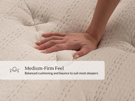 Hand pressing into quilted Leesa + West Elm Natural Hybrid mattress cover, showing balanced medium-firm feel. for The Mattress Shop, showcasing product image for Leesa Natural Hybrid Mattress on the collection page.