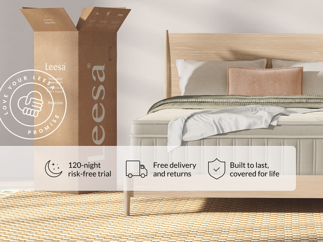 Leesa + West Elm Natural Hybrid mattress on oak bed frame, shipping box shows Love Your Leesa Promise guarantee. for The Mattress Shop, showcasing product image Leesa Natural Hybrid Mattress on the page: Best Natural / Organic Mattresses page.