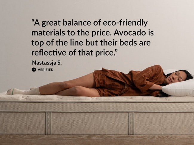 Woman sleeping on Leesa + West Elm Natural Hybrid mattress, verified review comparing value to pricier Avocado beds. for The Mattress Shop, showcasing product image Leesa Natural Hybrid Mattress on the page: Best Natural / Organic Mattresses page.