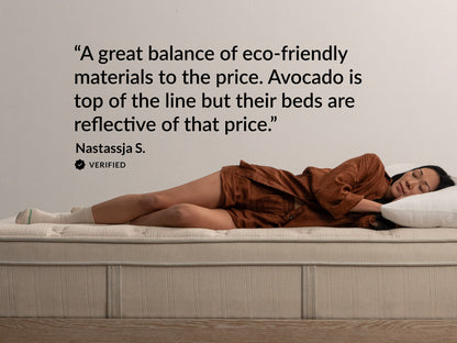 Woman sleeping on Leesa + West Elm Natural Hybrid mattress, verified review comparing value to pricier Avocado beds.