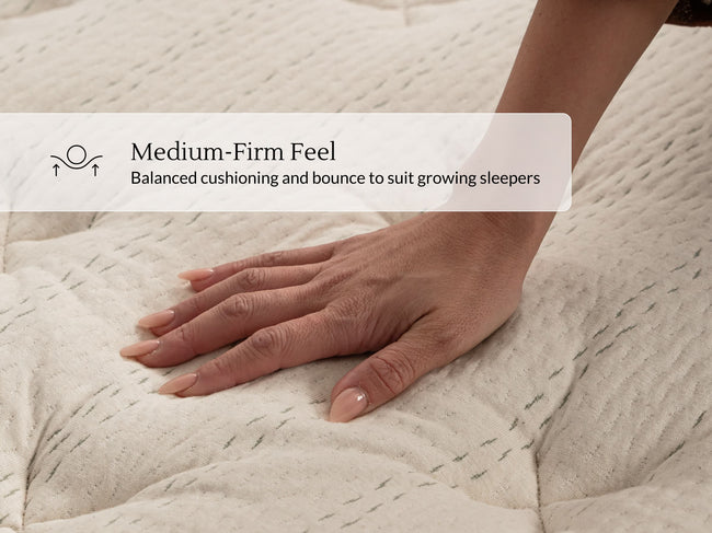 Hand pressing into Leesa Natural Essential mattress top, showing its medium-firm, balanced-cushioning feel. for The Mattress Shop, showcasing product thumbnail image for Leesa Natural Essential Hybrid Mattress on the product page.