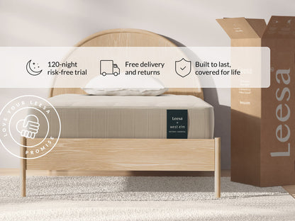 Leesa Natural Essential mattress with icons for 120-night trial, free delivery, and lifetime warranty coverage.