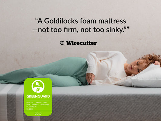 Woman sleeping on Leesa mattress, UL Greenguard Gold certified, with Wirecutter's Goldilocks foam quote. for The Mattress Shop, showcasing product image for Leesa Original Mattress on the collection page.