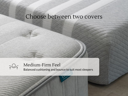Close-up of Leesa Original Hybrid mattress corner, showing choice of two covers with medium-firm feel.
