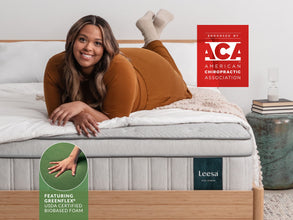 Woman relaxing on Leesa Plus Hybrid mattress, endorsed by the American Chiropractic Association. for The Mattress Shop, showcasing product image Leesa Plus Hybrid Mattress on the page: Sale Landing page.