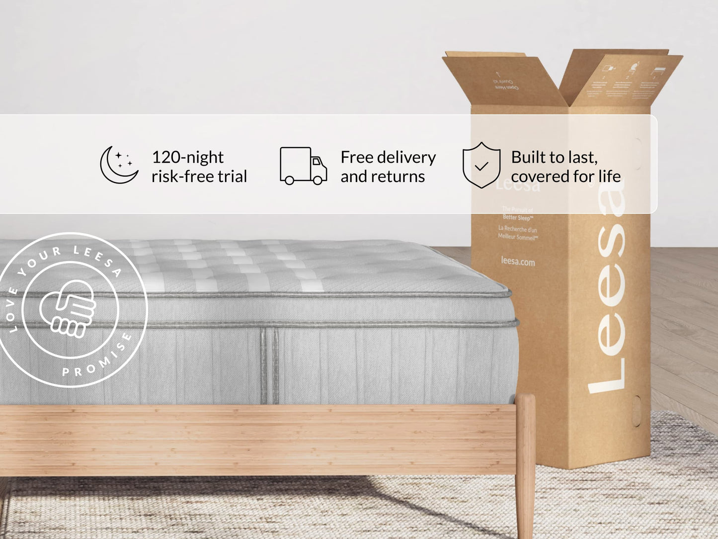 Leesa Plus Hybrid mattress on bamboo bed frame, shipping box shows Love Your Leesa Promise and trial guarantee. for The Mattress Shop, showcasing product image for Leesa Plus Hybrid Mattress on the product page.