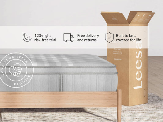 Leesa Plus Hybrid mattress on bamboo bed frame, shipping box shows Love Your Leesa Promise and trial guarantee. for The Mattress Shop, showcasing product image for Leesa Plus Hybrid Mattress on the collection page.