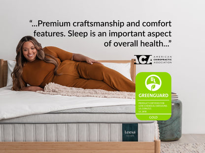 Woman lounging on Leesa Plus Hybrid mattress, UL Greenguard Gold certified, ACA quote on premium comfort craftsmanship.