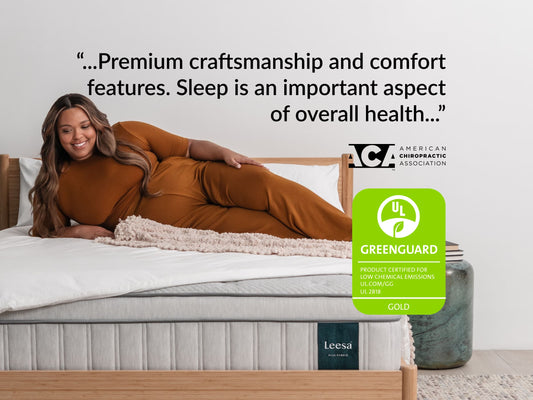Woman lounging on Leesa Plus Hybrid mattress, UL Greenguard Gold certified, ACA quote on premium comfort craftsmanship. for The Mattress Shop, showcasing product image for Leesa Plus Hybrid Mattress on the collection page.