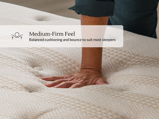 Hand pressing into quilted Leesa Legend Hybrid mattress cover, UL Greenguard Gold certified, medium-plush feel. for The Mattress Shop, showcasing product image for Leesa Reserve Hybrid Mattress on the collection page.