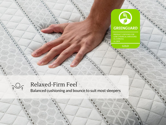 Hand pressing into quilted Leesa Sapira Hybrid mattress cover, UL Greenguard Gold certified, relaxed-firm feel. for The Mattress Shop, showcasing product image for Leesa Sapira Hybrid Mattress on the collection page.