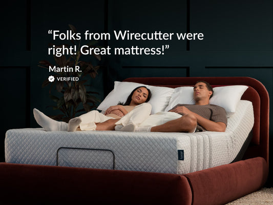 Couple sleeping on Leesa Sapira Hybrid mattress, verified review praising it as recommended by Wirecutter. for The Mattress Shop, showcasing product image for Leesa Sapira Hybrid Mattress on the collection page.