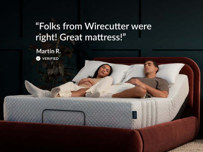 Couple sleeping on Leesa Sapira Hybrid mattress, verified review praising it as recommended by Wirecutter. for The Mattress Shop, showcasing product thumbnail image for Leesa Sapira Hybrid Mattress on the product page.