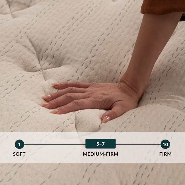 Hand touching the Leesa Natural Hybrid Mattress. for The Mattress Shop, showcasing product image Leesa Natural Hybrid Mattress on the page: Best Natural / Organic Mattresses page.