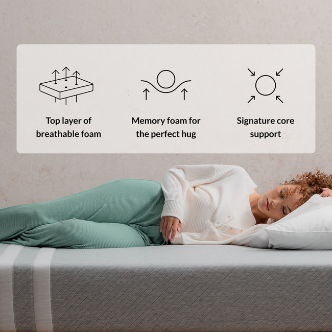 Woman on the Leesa Original Mattress in a bedroom. for The Mattress Shop, showcasing product image Leesa Original Mattress on the page: Best Memory Foam Mattresses page.