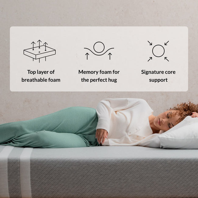 Woman on the Leesa Original Mattress in a bedroom. for The Mattress Shop, showcasing product thumbnail image for Leesa Original Mattress on the product page.