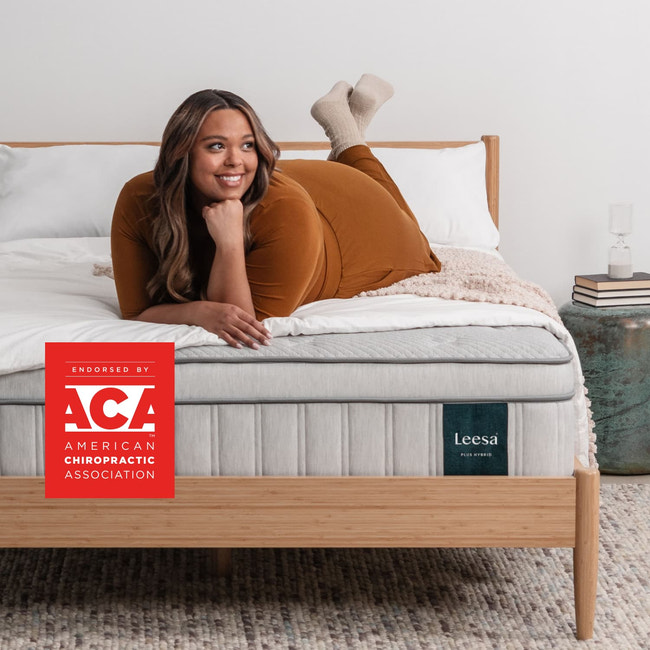 Woman on the Leesa Plus Hybrid Mattress in a bedroom. for The Mattress Shop, showcasing product image Leesa Plus Hybrid Mattress on the page: Best Mattresses for Heavy Sleepers page.