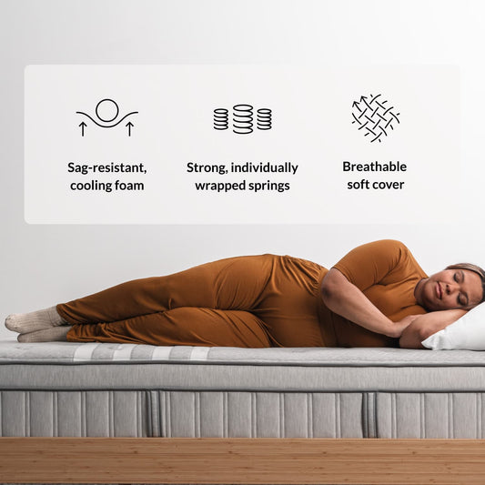 Woman on the Leesa Plus Hybrid Mattress in a bedroom. for The Mattress Shop, showcasing product image for Leesa Plus Hybrid Mattress on the collection page.
