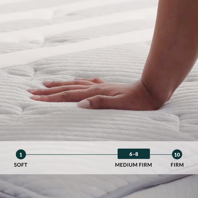 Hand touching the Leesa Plus Hybrid Mattress. for The Mattress Shop, showcasing product thumbnail image for Leesa Plus Hybrid Mattress on the product page.