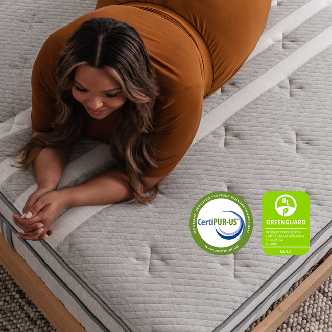 Woman on the Leesa Plus Hybrid Mattress in a bedroom. for The Mattress Shop, showcasing product thumbnail image for Leesa Plus Hybrid Mattress on the product page.