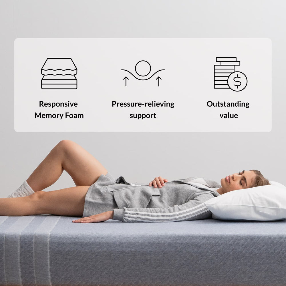 Woman on the Leesa Studio Mattress in a bedroom.