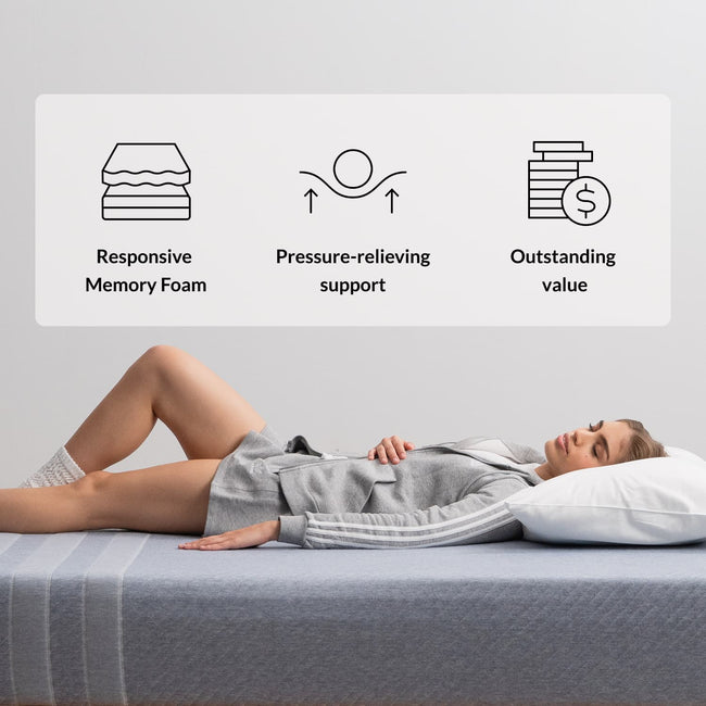 Woman on the Leesa Studio Mattress in a bedroom. for The Mattress Shop, showcasing product thumbnail image for Leesa Studio Mattress on the product page.