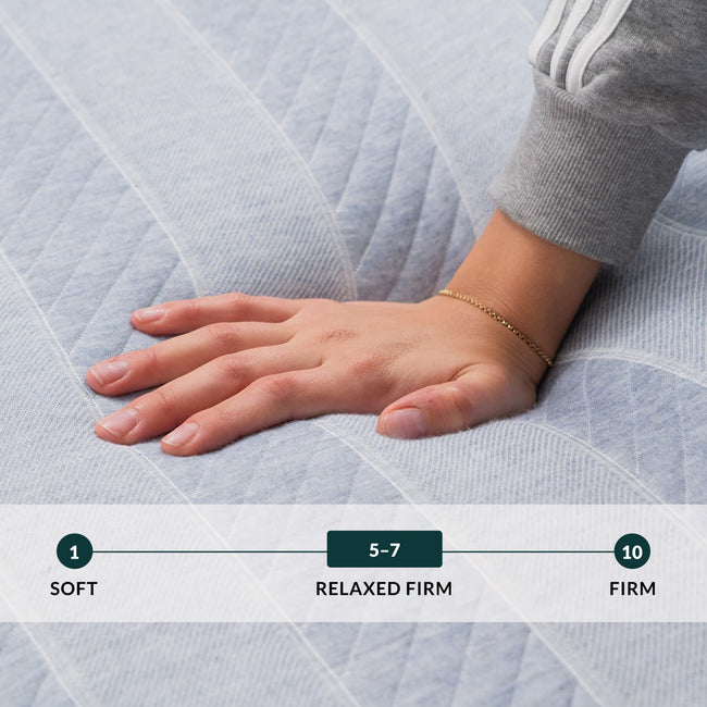 Hand touching the Leesa Studio Mattress. for The Mattress Shop, showcasing product thumbnail image for Leesa Studio Mattress on the product page.
