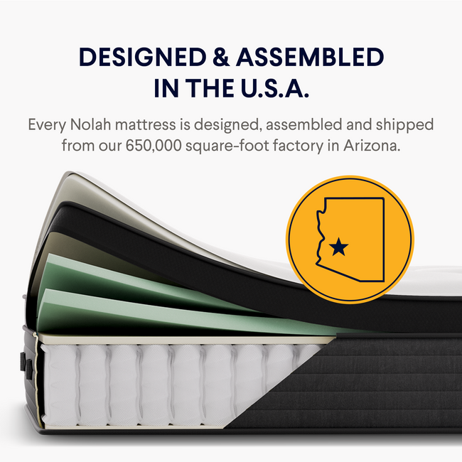 The Nolah Evolution Comfort is designed and assembled in the USA. for The Mattress Shop, showcasing product image Nolah Evolution Comfort+ on the page: Best Mattresses for Heavy Sleepers page.