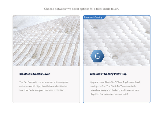 Comparison of Breathable Cotton Cover and GlacioTex Cooling Pillow Top for Nolah Evolution Comfort+ mattress for The Mattress Shop, showcasing product image for Nolah Evolution Comfort+ on the collection page.
