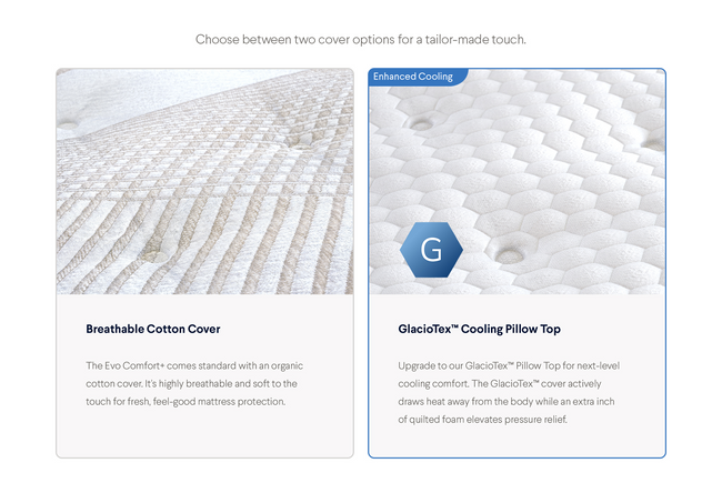 Comparison of Breathable Cotton Cover and GlacioTex Cooling Pillow Top for Nolah Evolution Comfort+ mattress for The Mattress Shop, showcasing product thumbnail image for Nolah Evolution Comfort+ on the product page.