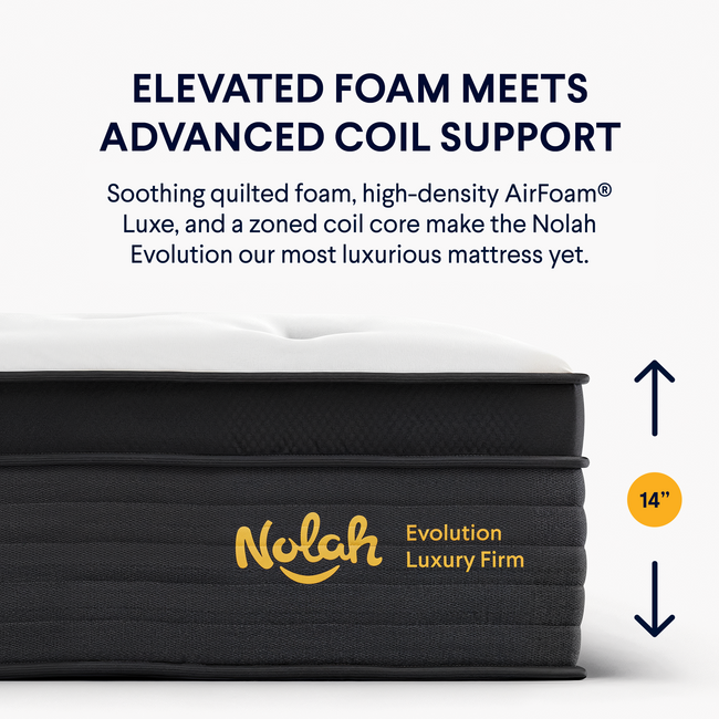 Nolah Evolution Luxury Firm 14-inch mattress with advanced coil support and AirFoam Luxe comfort. for The Mattress Shop, showcasing product image Nolah Evolution on the page: Best Luxury Mattresses page.